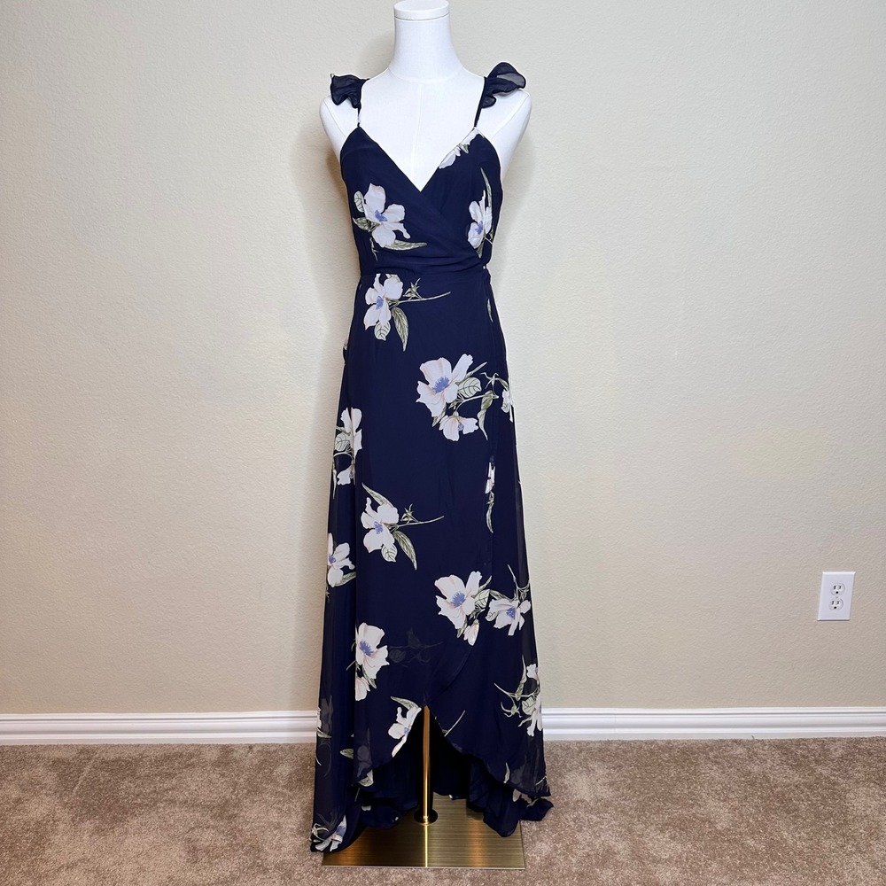 Lulus Navy Blue Floral High-Low Maxi Wrap Dress Ruffle Straps Small NWT